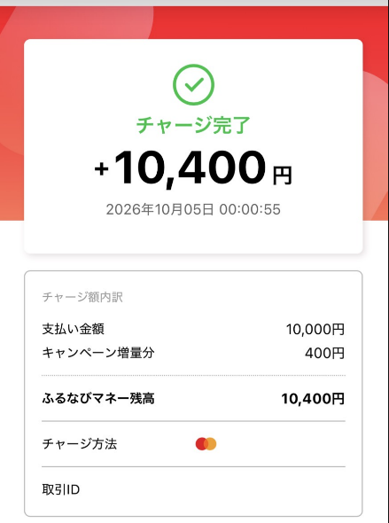 ふるなびマネーのチャージ完了画面。支払い金額10,000円、キャンペーン増量分400円で残高10,400円